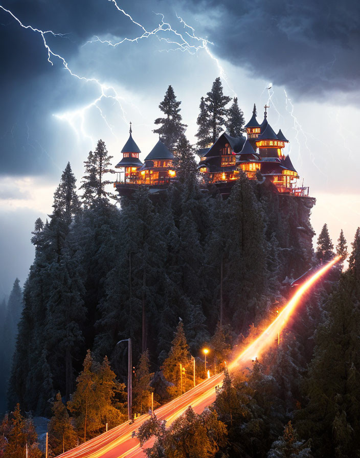 Traditional Building on Hill with Lightning Storm and Car Light Trails