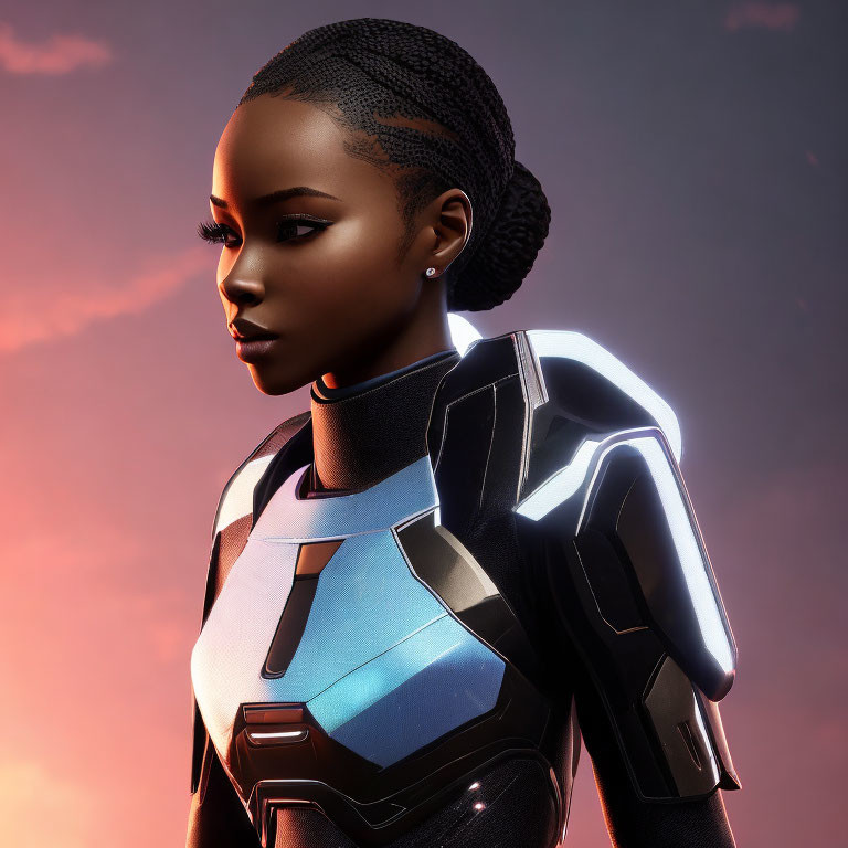 Futuristic 3D Illustration of Woman in Braided Hair Armor Suit