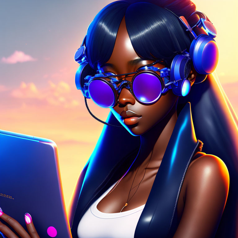 Blue Headphones and Reflective Glasses Animated Character with Tablet on Orange Sky Background