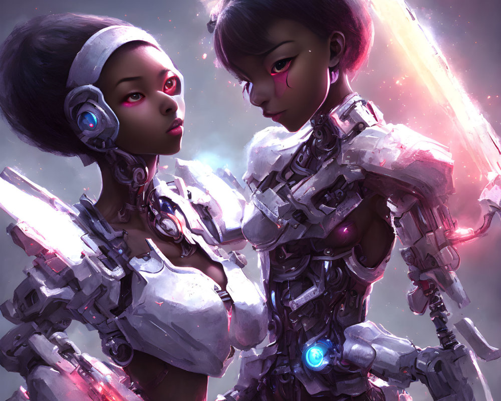 Futuristic female warriors with advanced armor and cyborg enhancements under cosmic sky