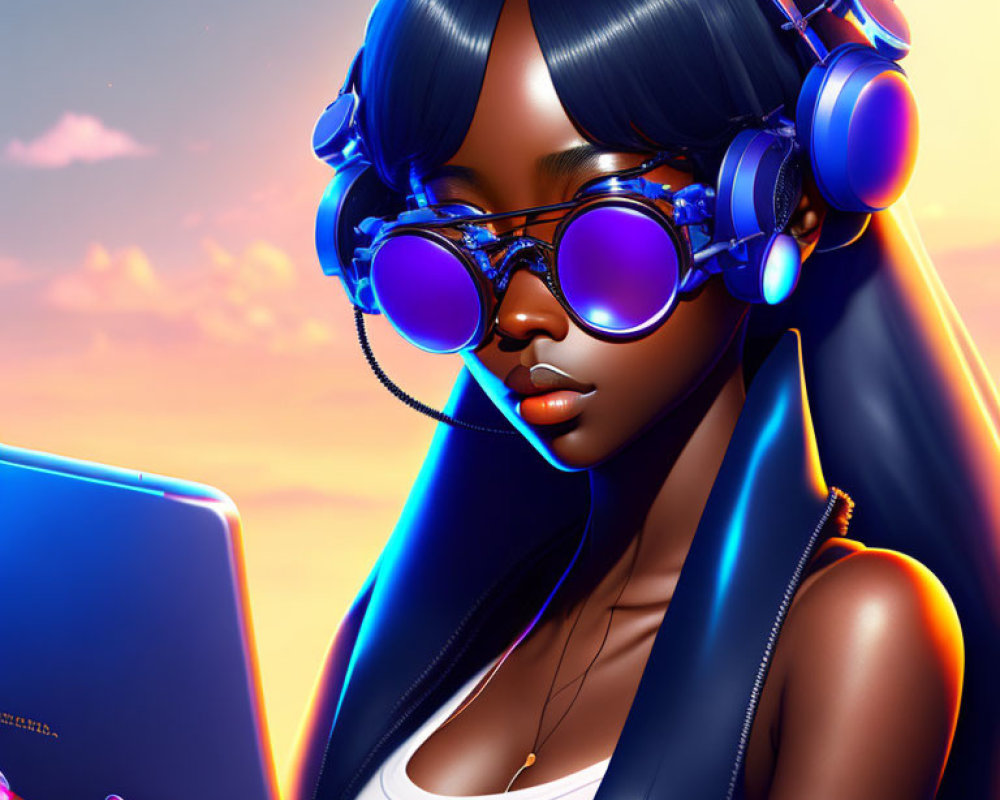 Blue Headphones and Reflective Glasses Animated Character with Tablet on Orange Sky Background