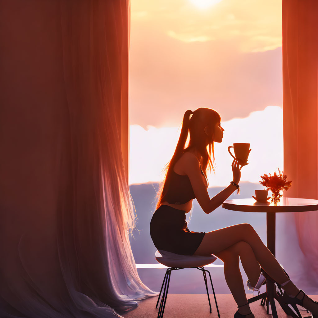 Silhouette of woman with cup by window at sunset