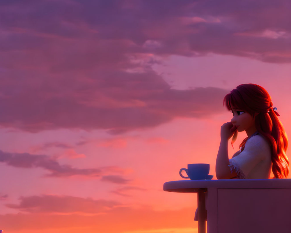 Auburn-Haired Animated Girl Sitting at Table Under Sunset Sky