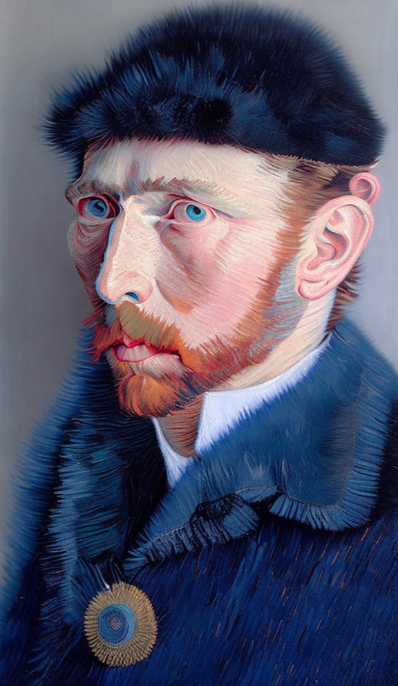 Surreal portrait blending features of Vincent van Gogh with intense eyes and blue color scheme