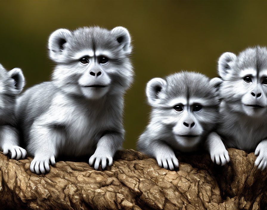 Three Young Grey Monkeys Resting on Tree Branch - Mustard Background