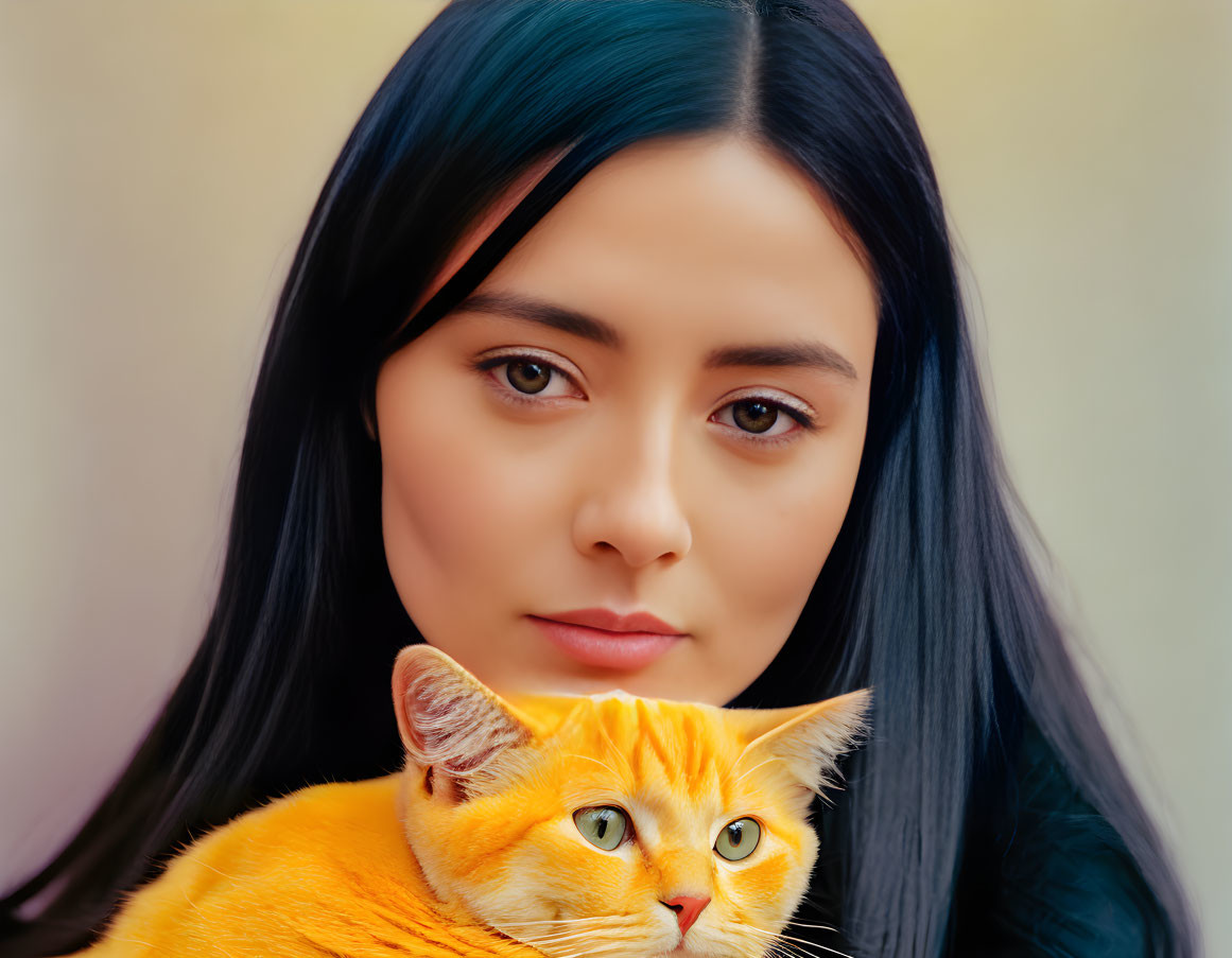 Woman with Long Dark Hair and Ginger Cat on Shoulder in Blurred Background