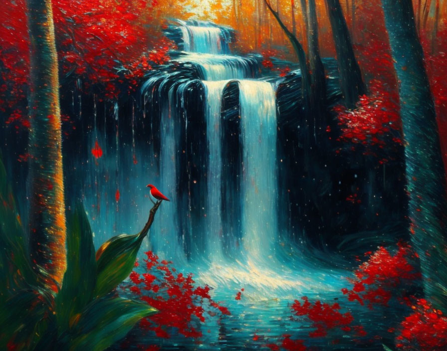 Colorful autumn forest waterfall scene with red foliage and bird perched on branch