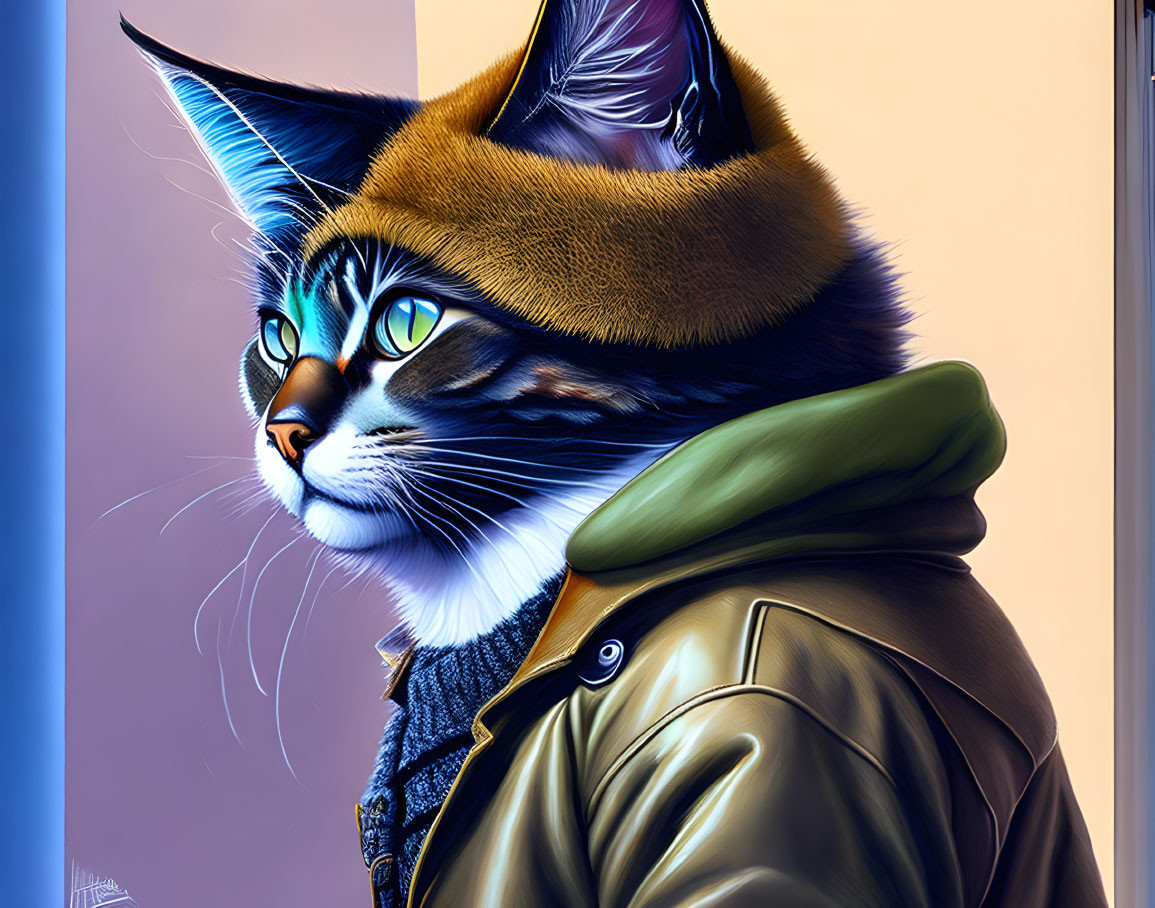 Digital artwork of cat with human-like features in brown hat & green jacket.