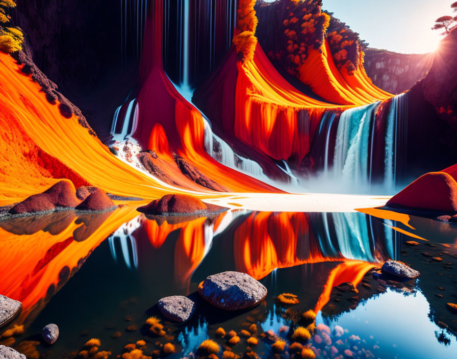 Colorful surreal landscape with waterfalls, orange terrain, and serene water body