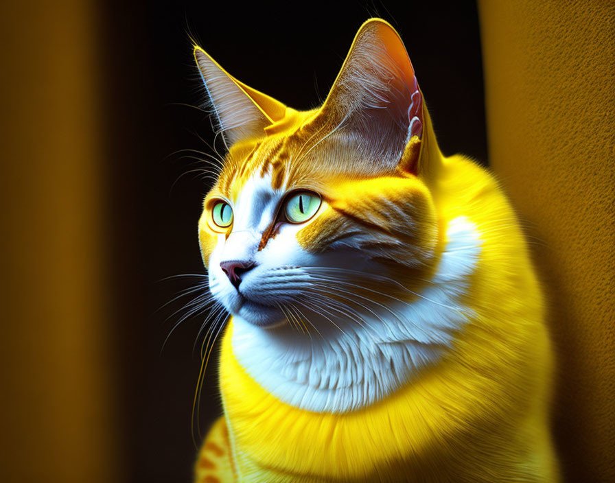 Golden-Yellow Cat with Green Eyes on Dark Background