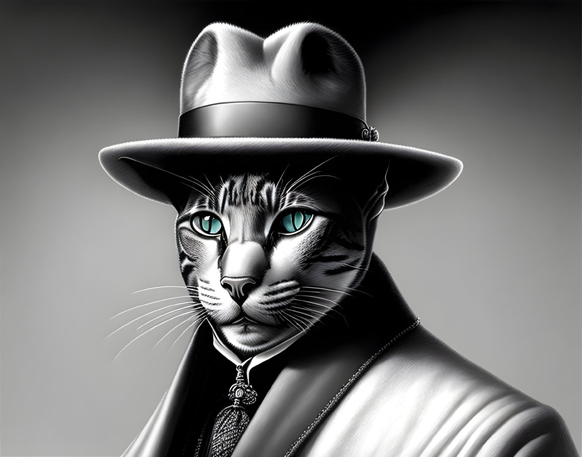 Stylized cat with human-like features in fedora hat and suit