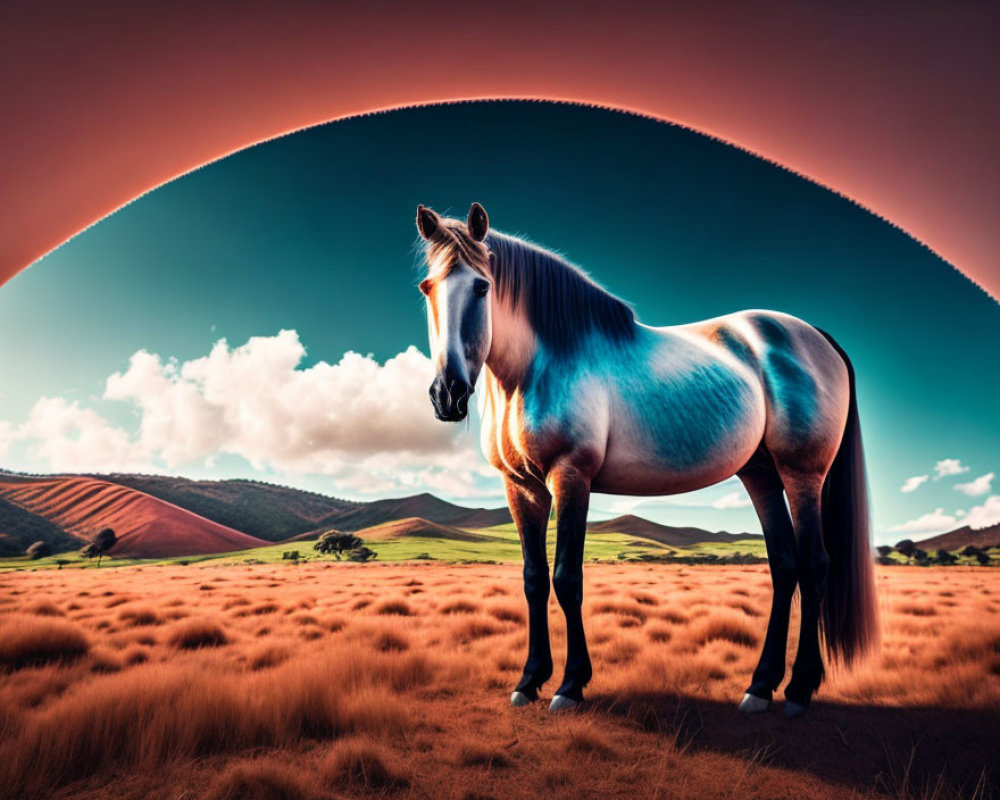 Majestic horse in vibrant field with rolling hills and surreal landscape