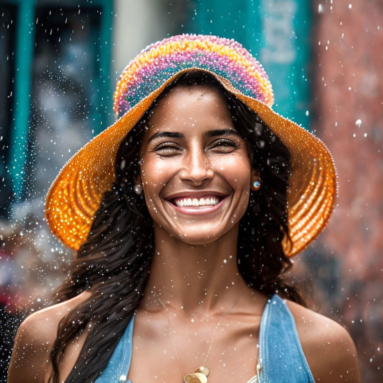 Joyful woman in vibrant rainbow hat smiling with shimmering water specks