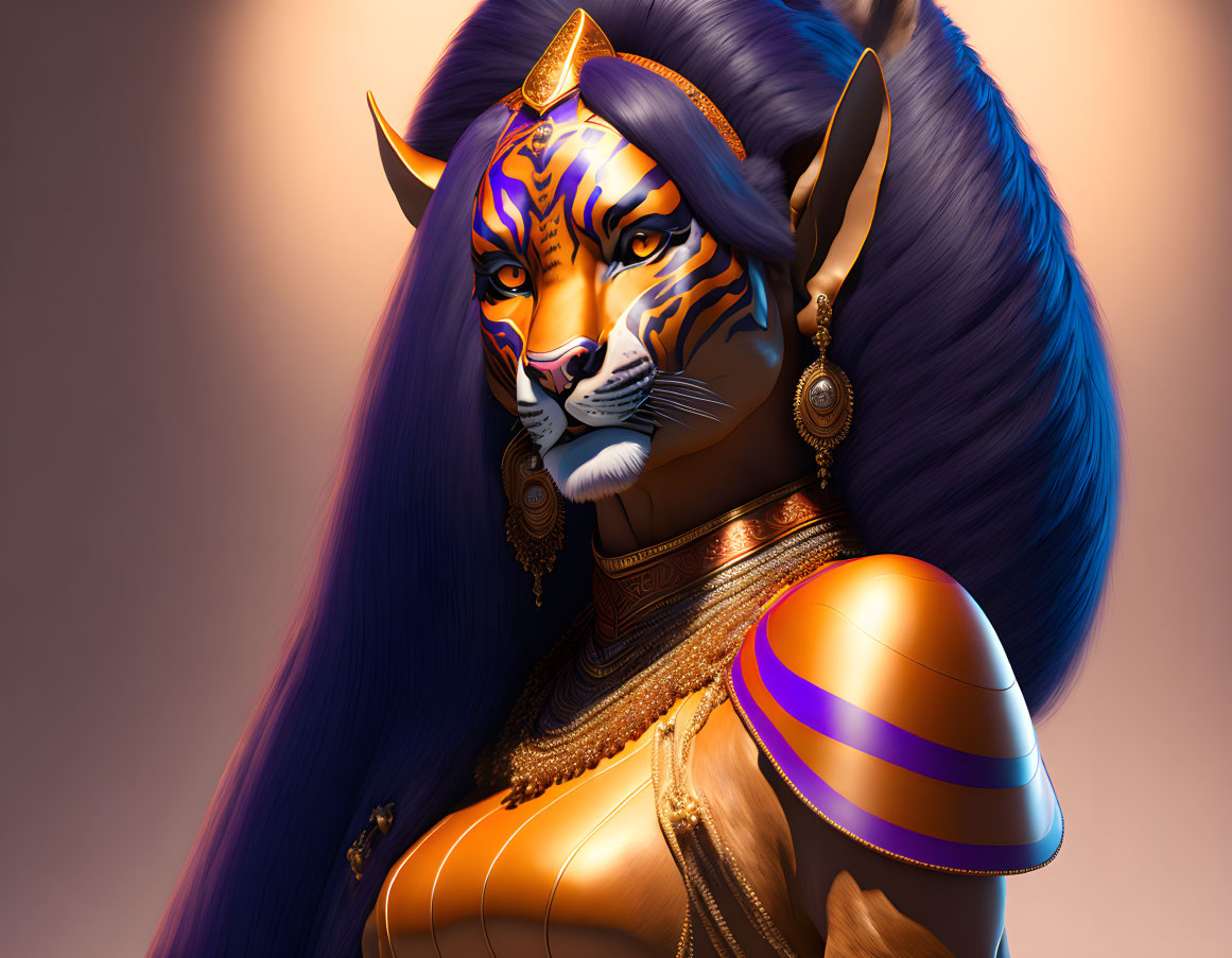 Tiger-headed humanoid figure with golden jewelry on warm backdrop