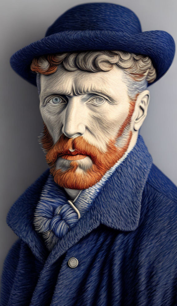 Man in Blue Hat and Coat with Styled Beard and Stern Expression in Textured Illustration