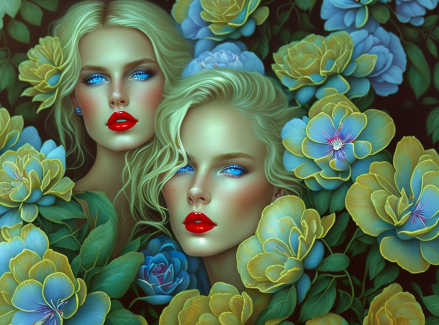 Two women with blue eyes and red lips in serene floral setting