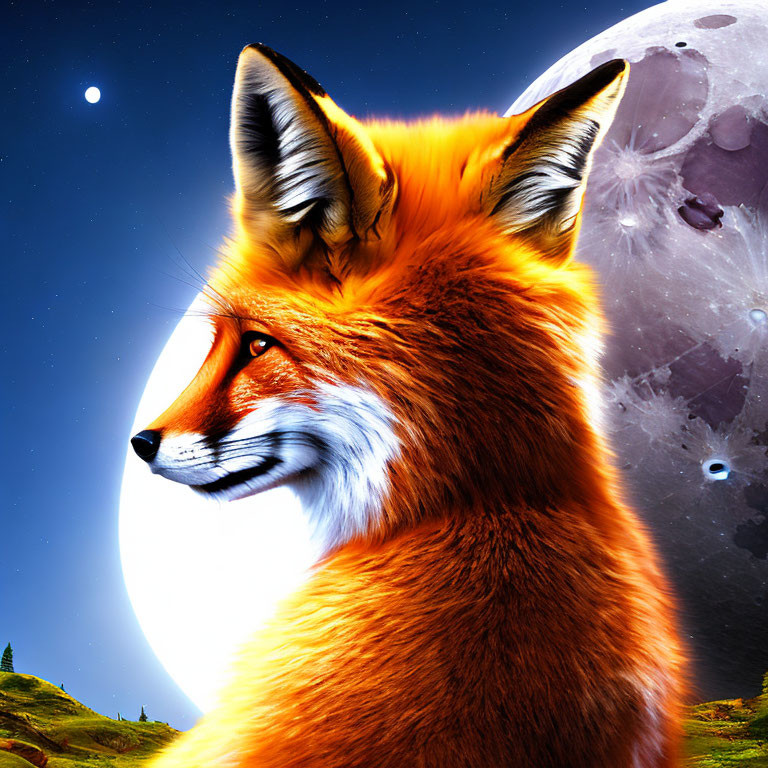 Detailed illustration: Orange fox under full moon on grassy hill