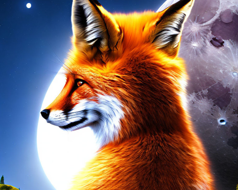 Detailed illustration: Orange fox under full moon on grassy hill