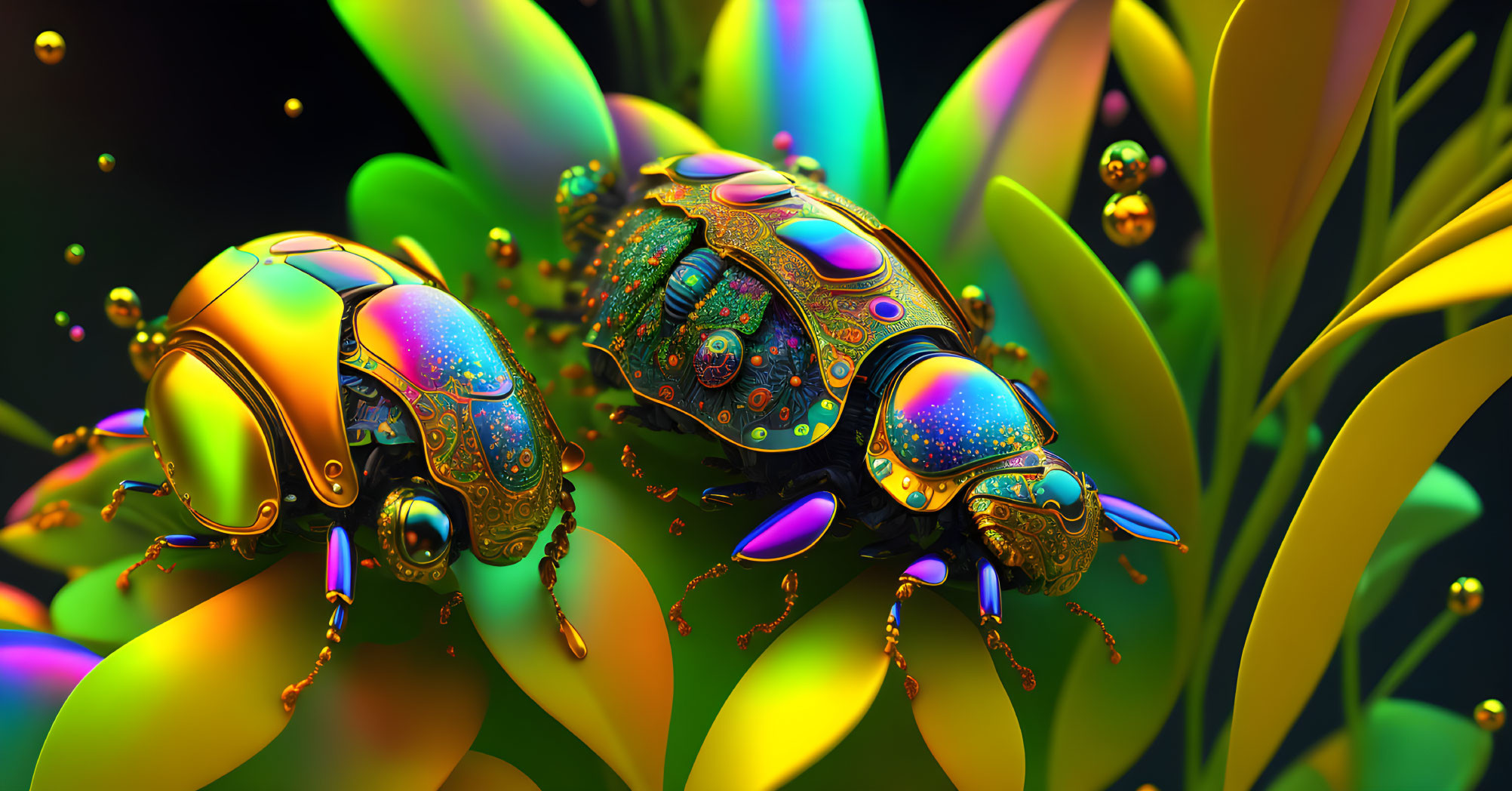 Colorful Digital Art: Ornate Beetle-like Insects on Neon Flora