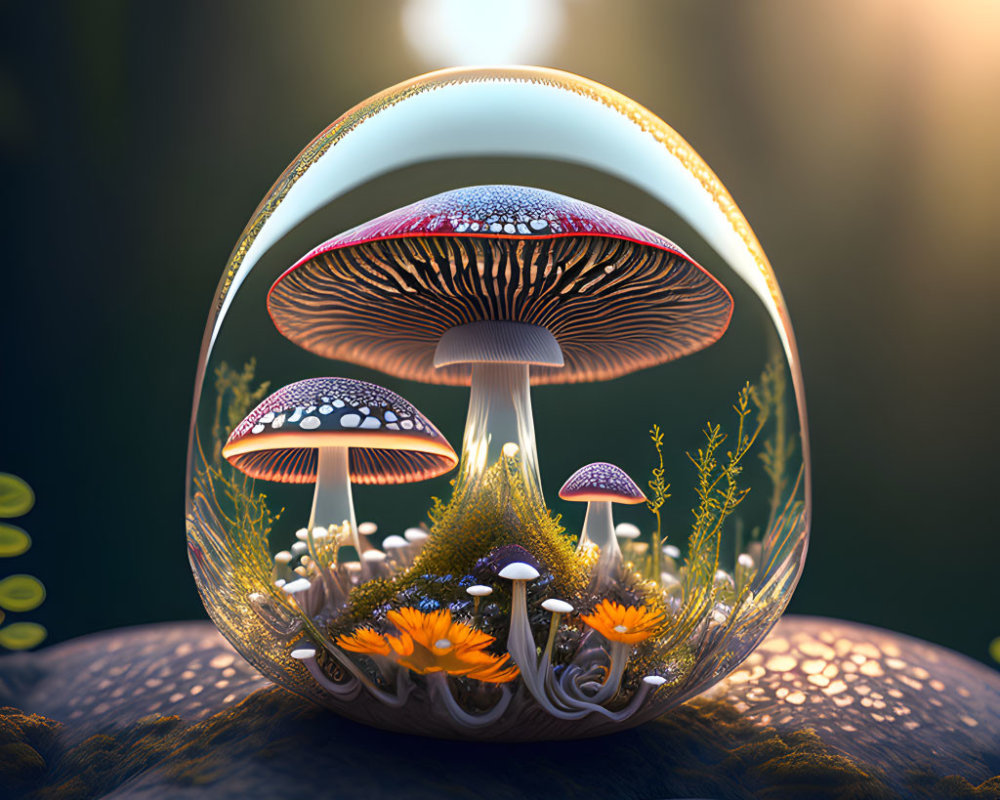 Vibrant oversized mushrooms in transparent sphere artwork