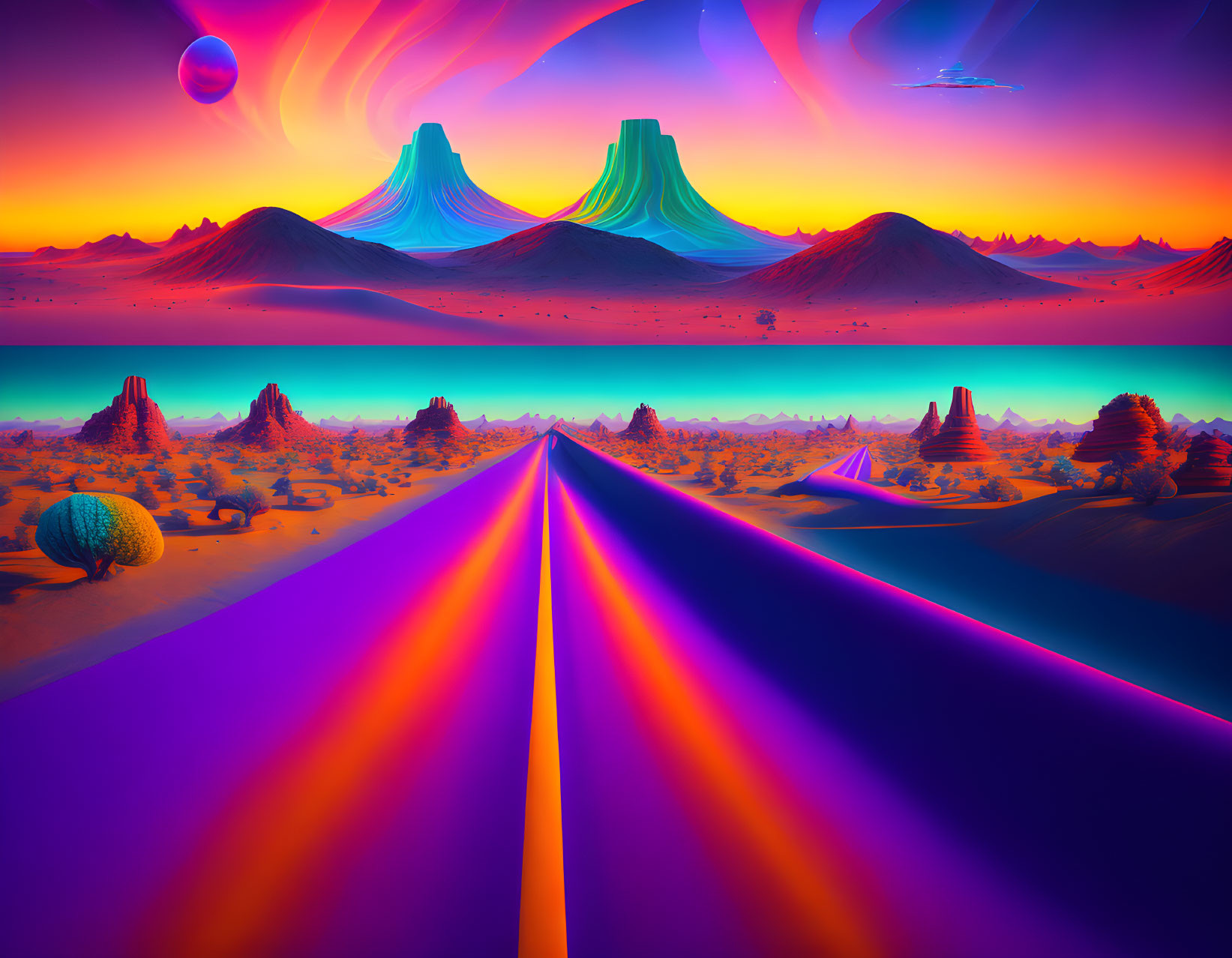 Colorful alien landscape: purple road, twin mountains, psychedelic sky, moon, flying saucer