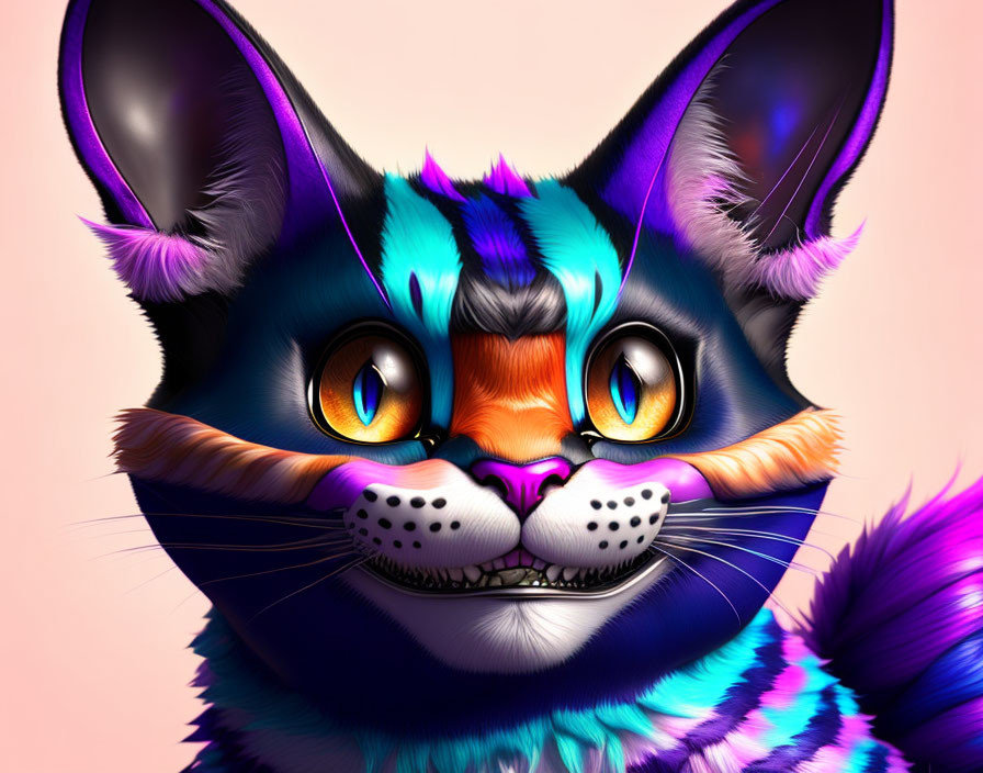 Colorful Digital Illustration of Whimsical Cat with Neon Fur