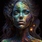 Vibrant cosmic portrait of a woman with celestial patterns