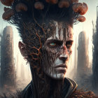 Fantasy humanoid with tree-like features in futuristic cityscape