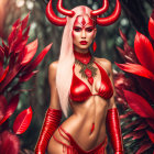 Fantasy character in red costume with horns and makeup in lush foliage