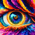 Colorful digital artwork: Eye with abstract flames & feathers