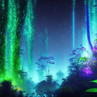 Ethereal forest with glowing flora and cascading light beams