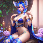 Stylized anthropomorphic female character with blue fox ears in intricate blue and gold outfit in fantasy setting