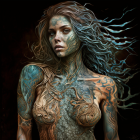 Elaborate Blue and Bronze Body Tattoos on Woman with Flowing Hair