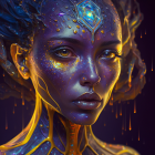 Fantasy digital artwork of blue-skinned female with golden markings