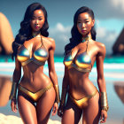 Two women in golden bikinis on a beach with huts and clear blue sky