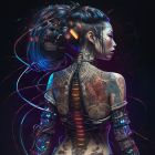 Cyberpunk woman with tattooed body and mechanical spine in neon accents
