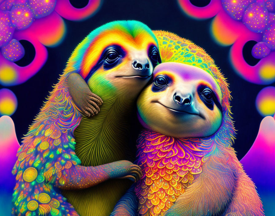 Colorful Sloths Embracing on Psychedelic Background