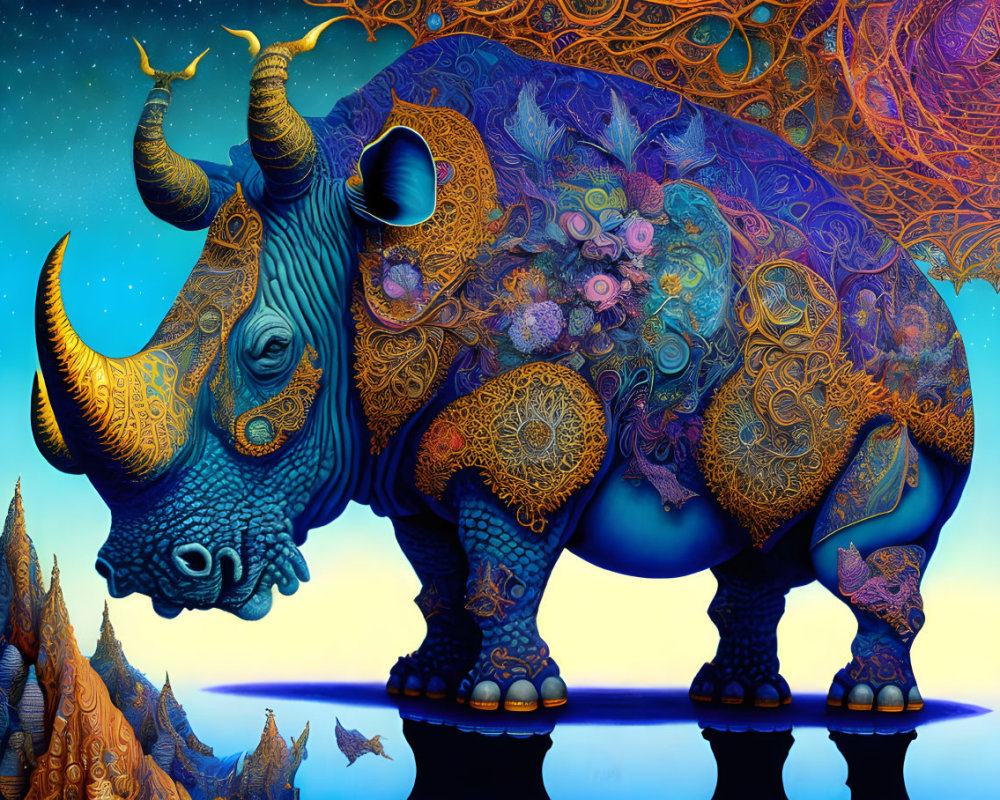 Colorful Patterned Rhinoceros in Twilight Fantasy Landscape