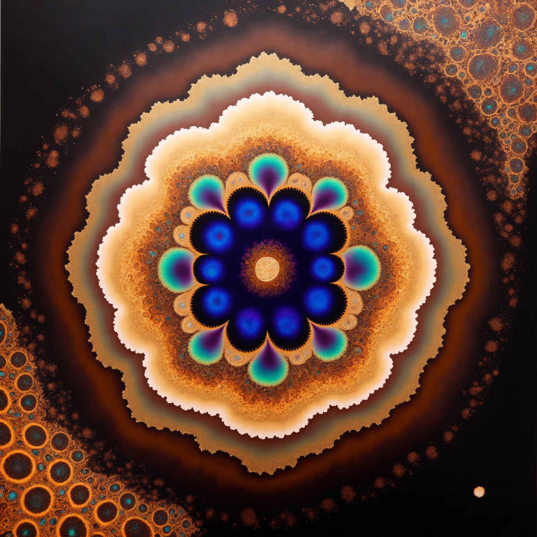 Intricate Orange, Brown & Blue Fractal Cosmic Flower Pattern