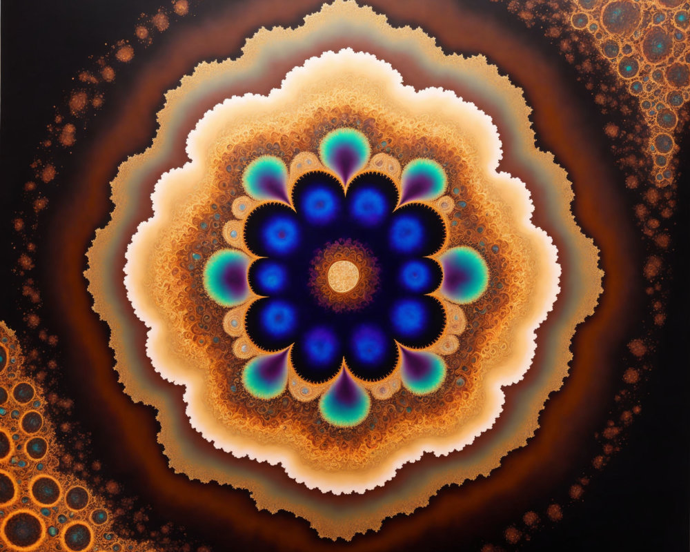 Intricate Orange, Brown & Blue Fractal Cosmic Flower Pattern