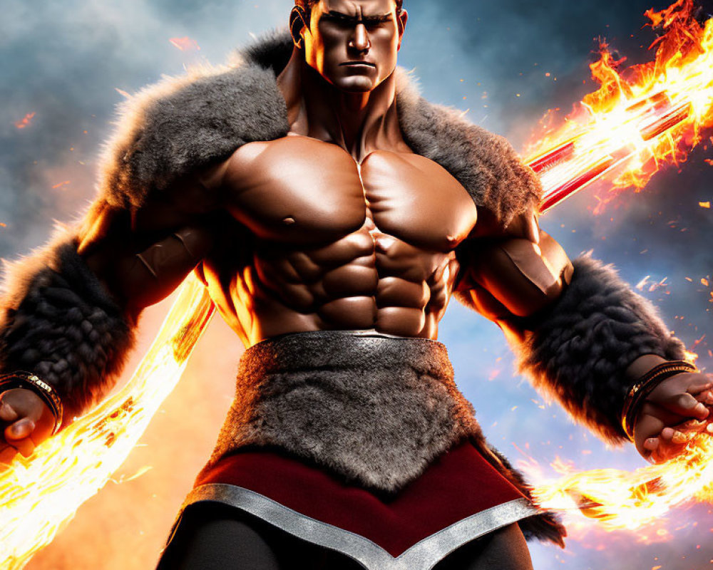 Muscular animated character in fur-trimmed costume surrounded by flames and energy blasts