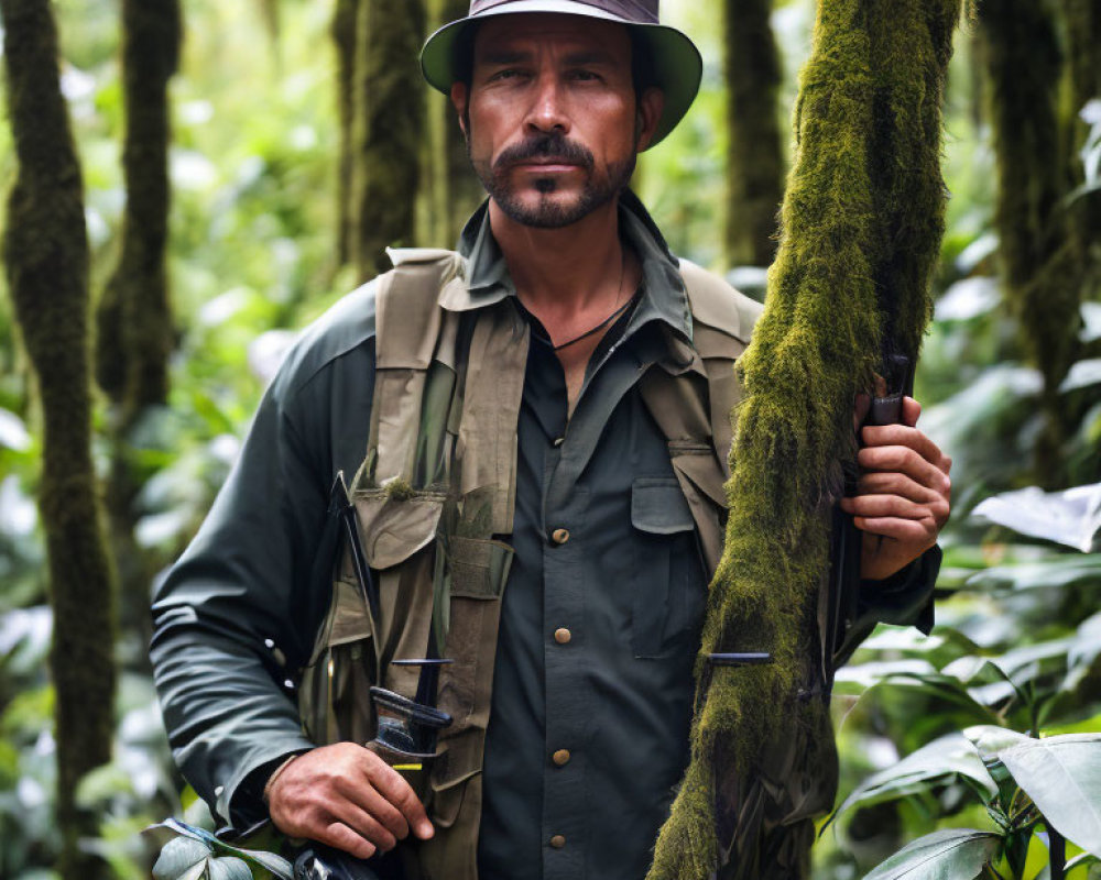 Bearded man in hat, vest, green shirt, with rifle in lush forest