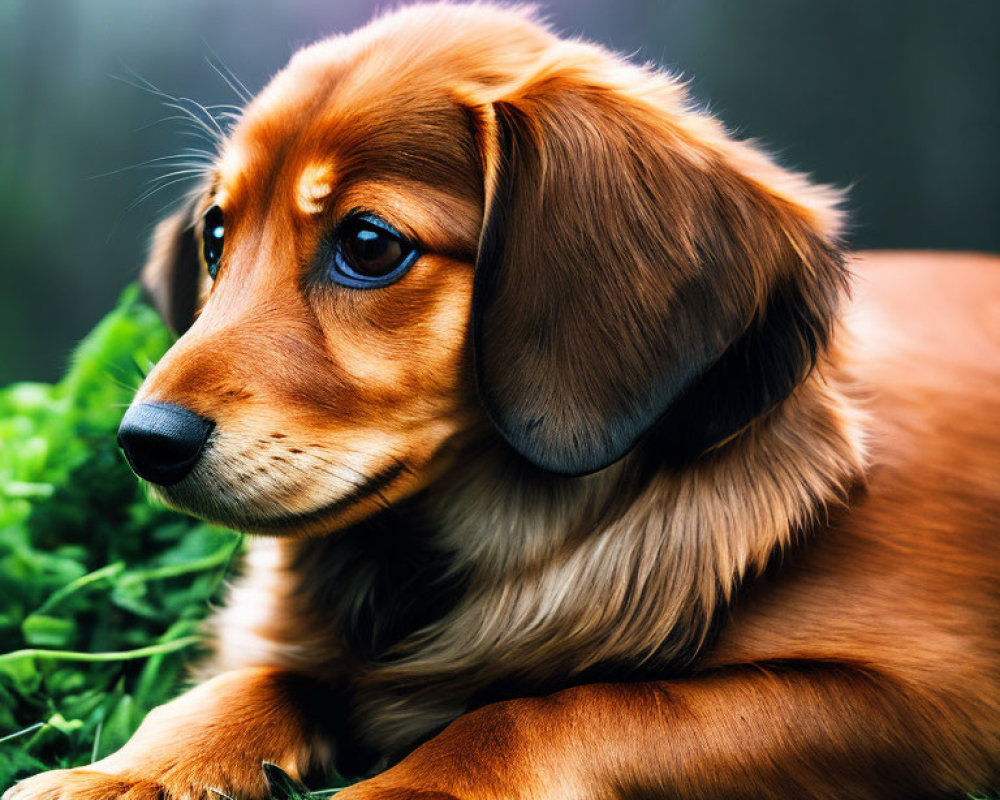 Brown Dachshund Resting on Green Grass with Thoughtful Expression