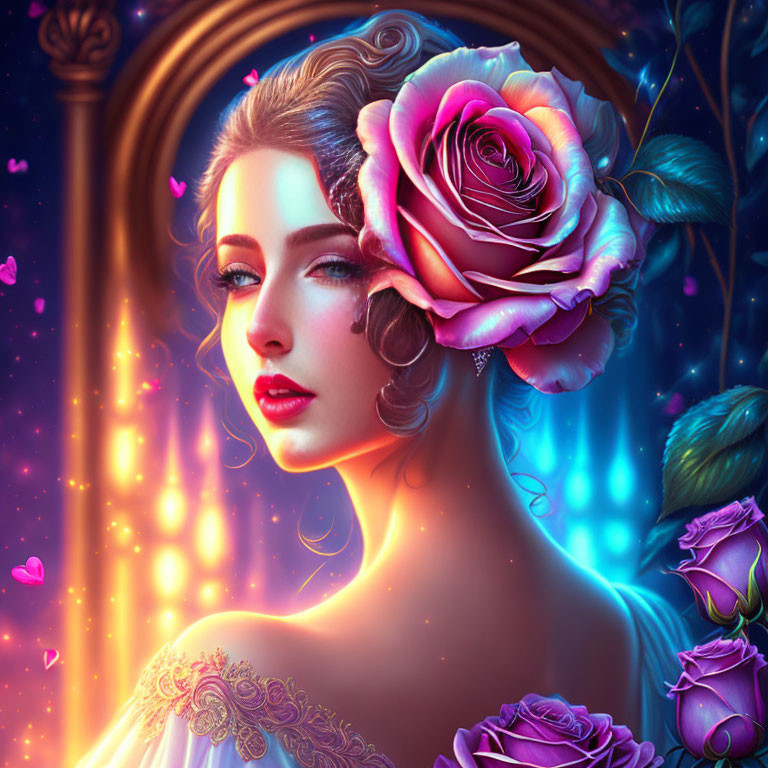 Vibrant rose in woman's hair with glowing lights and heart-shaped petals