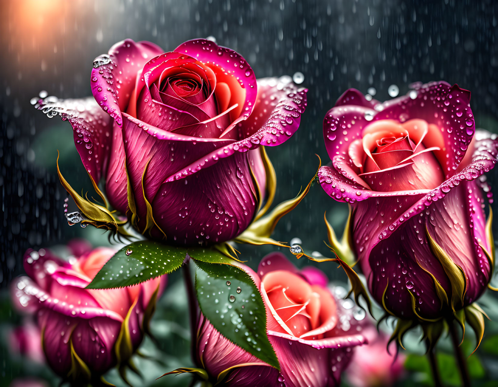 Beautiful Roses with Water Droplets on Petals and Leaves in Rainy Setting