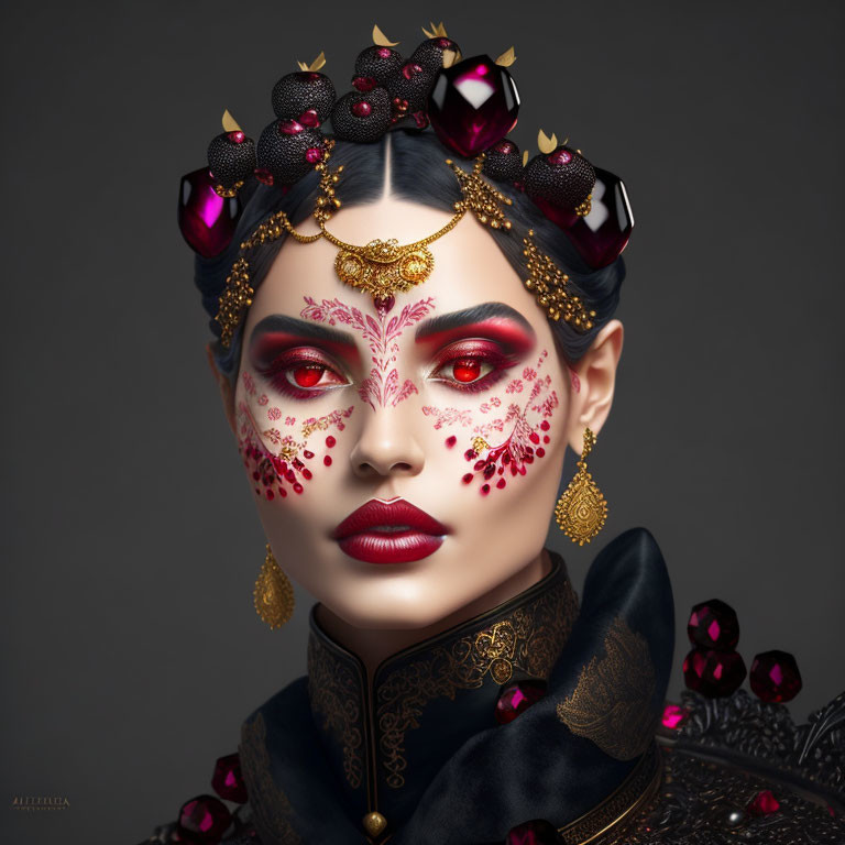 Stylized portrait of a woman with red and gold makeup and jewelry