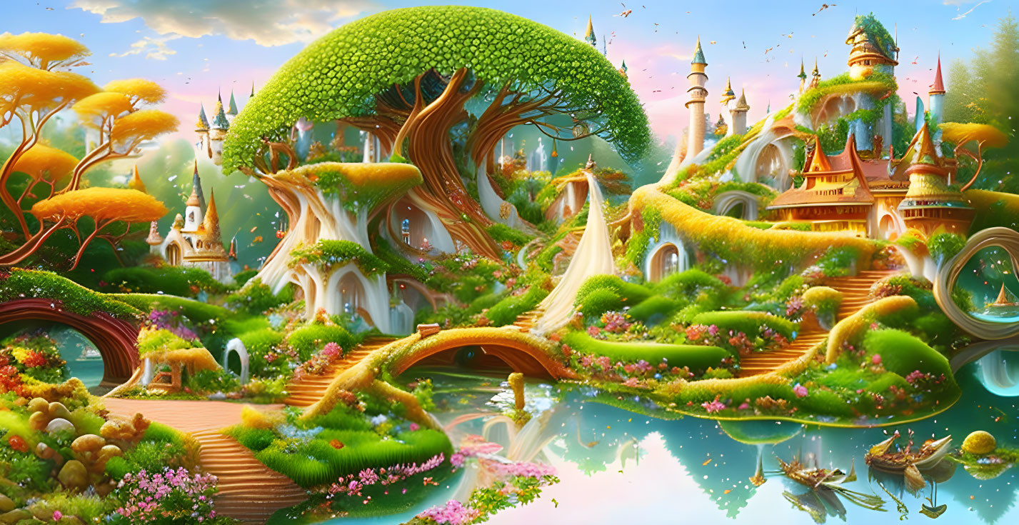 Fantastical landscape with whimsical tree-shaped houses and castles