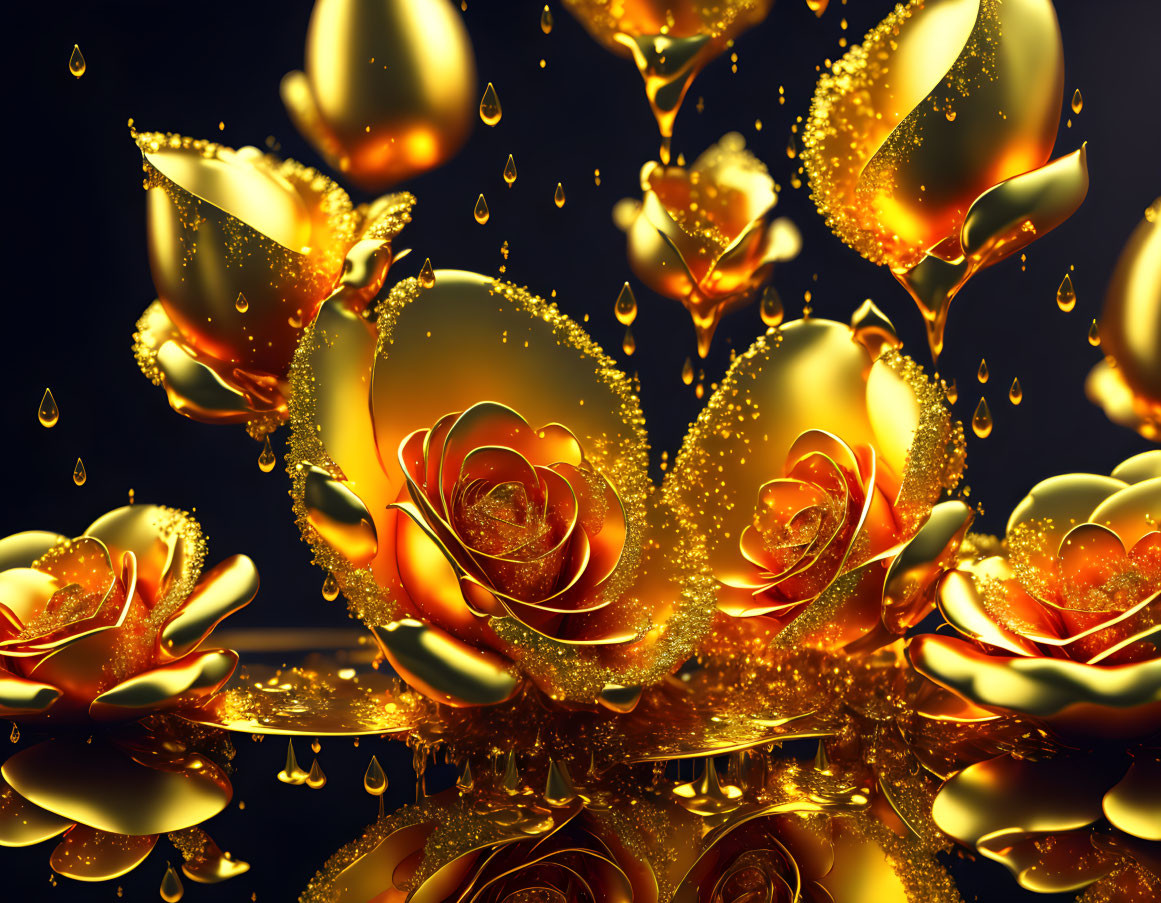 Golden Roses with Glistening Droplets on Dark Background