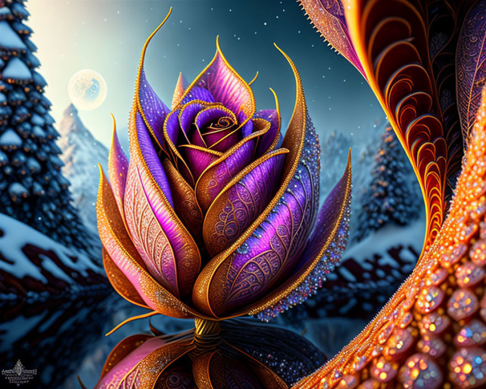 Fantastical rose in vibrant colors on snowy landscape with moon