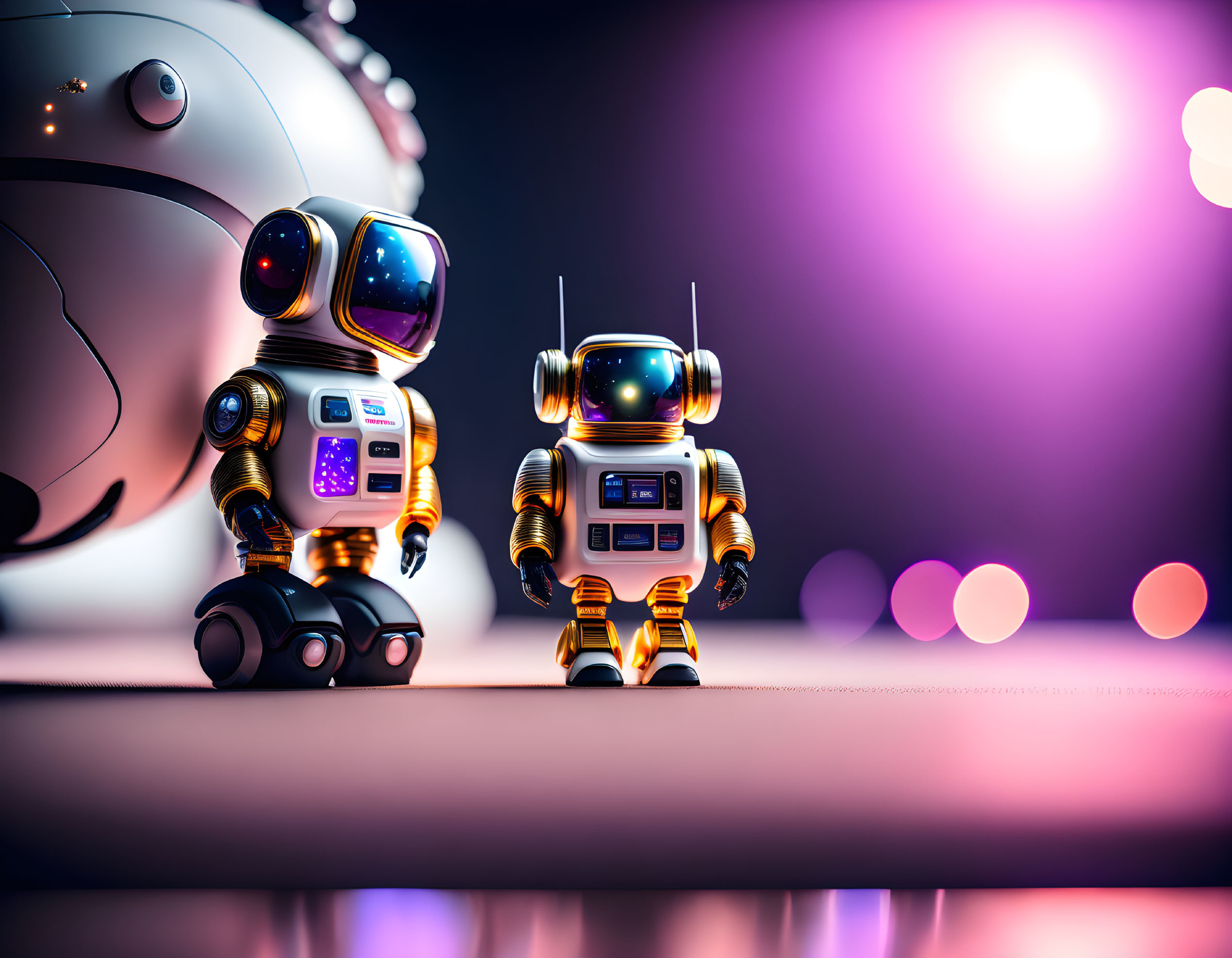 Futuristic robots with screen faces and gold accents under vibrant lights
